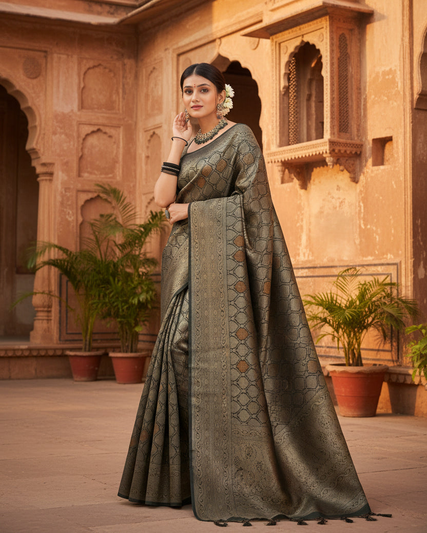 Women's black silk printed saree with unstitched blouse 5