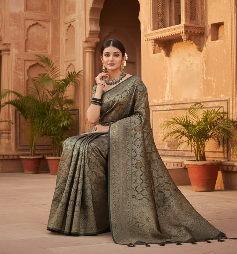 Women's black silk printed saree with unstitched blouse 5