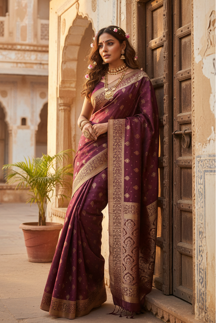 Women's silk printed saree with unstitched blouse 5