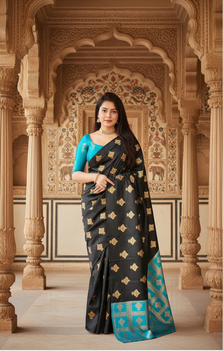 Women's silk printed saree with unstitched blouse 5