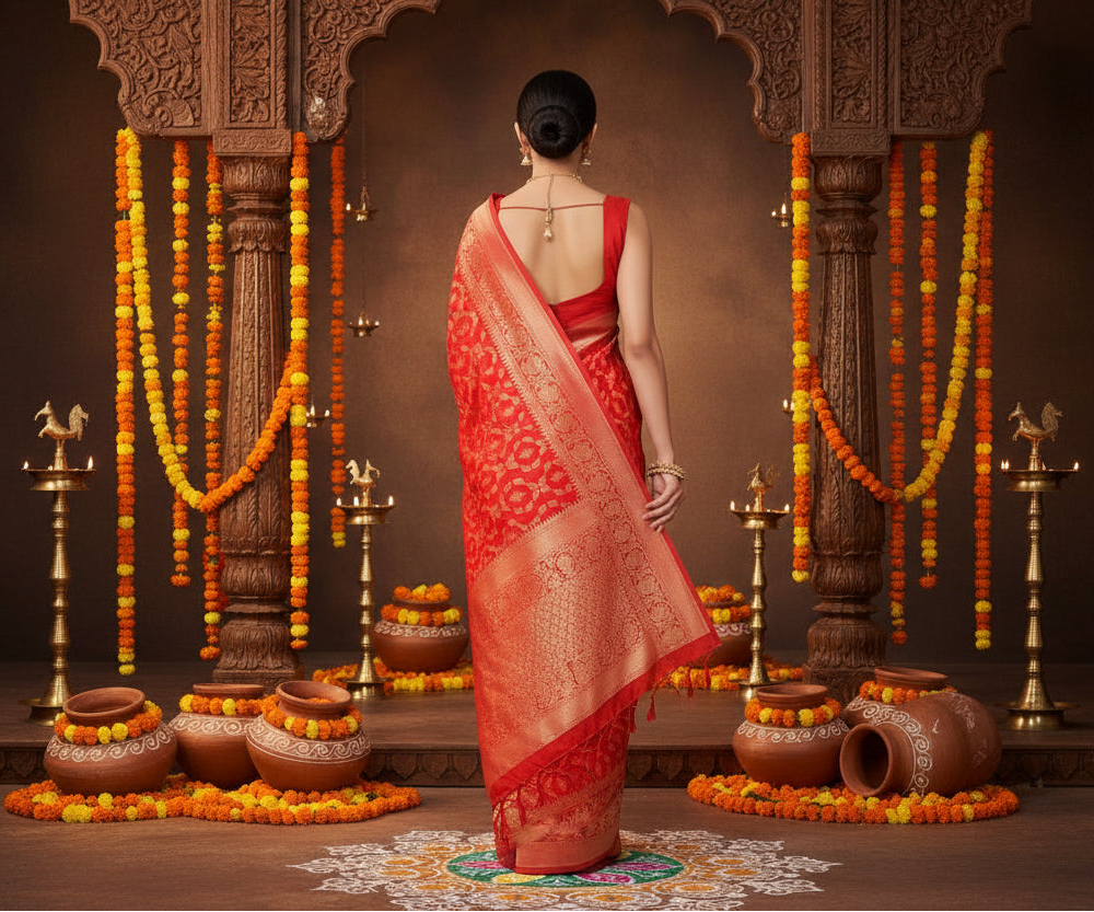 Women's silk printed saree with unstitched blouse 5