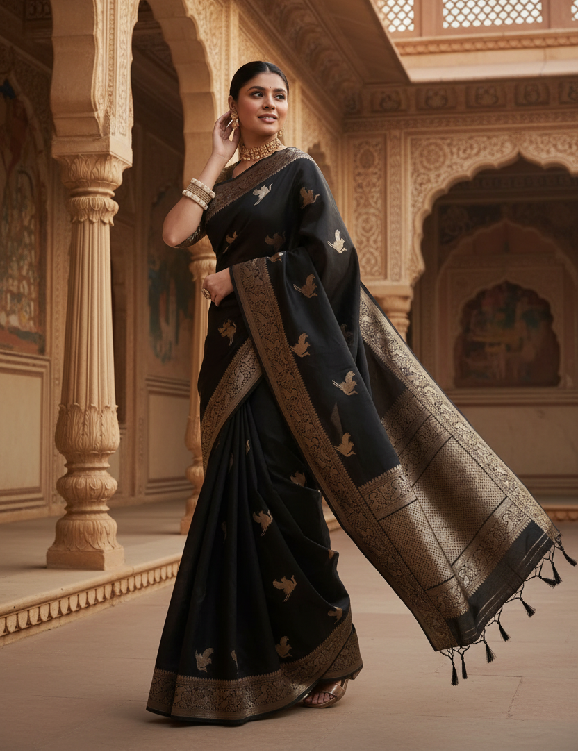 Women's silk printed saree with unstitched blouse 5