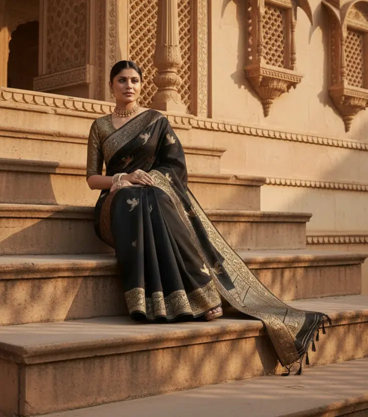 Women's silk printed saree with unstitched blouse 5