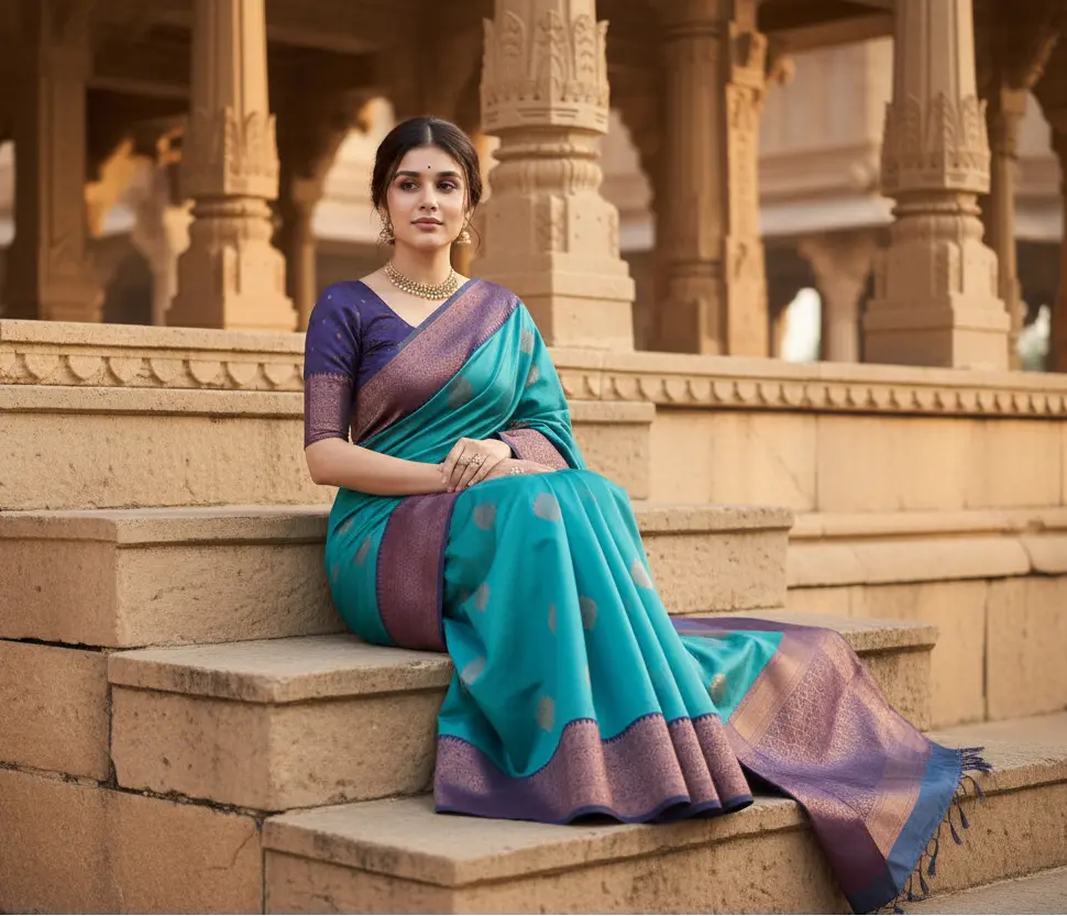 Women's silk printed saree with unstitched blouse 5