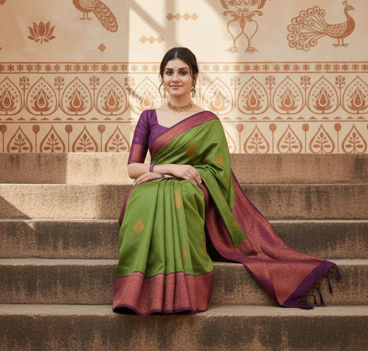 Women's silk printed saree with unstitched blouse 5