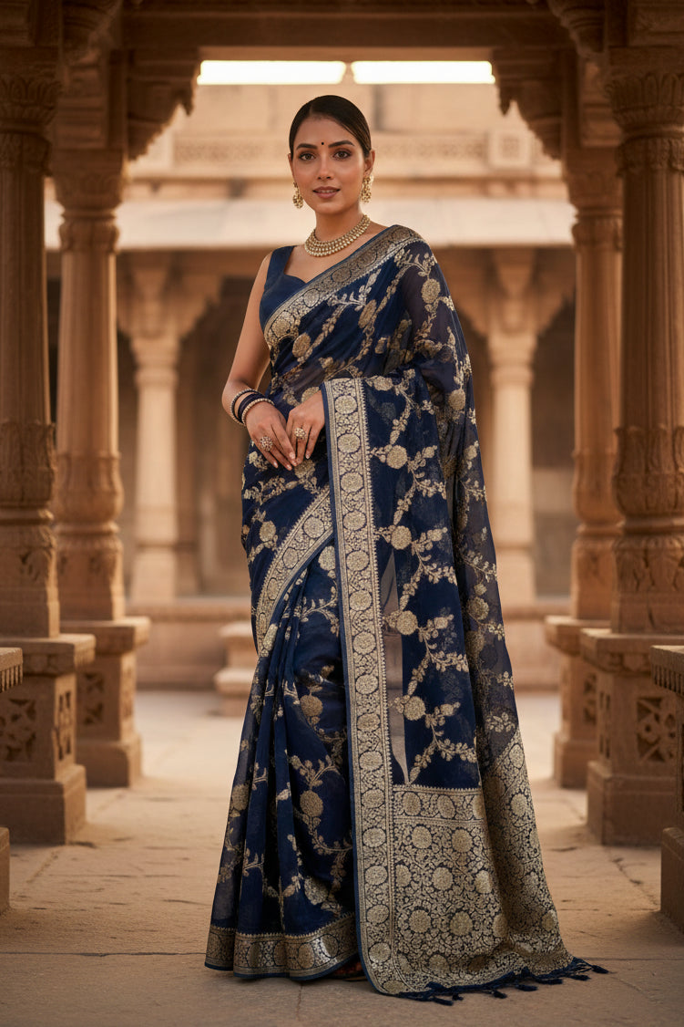 Women's dark blue silk printed saree with unstitched blouse 5