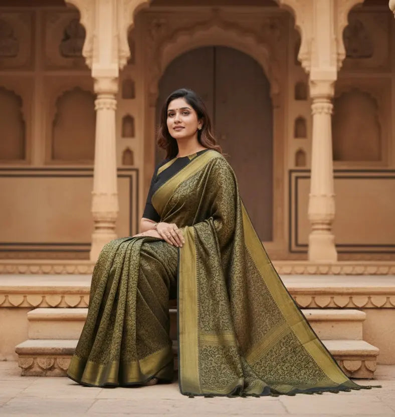 Women's silk printed saree with unstitched blouse 5