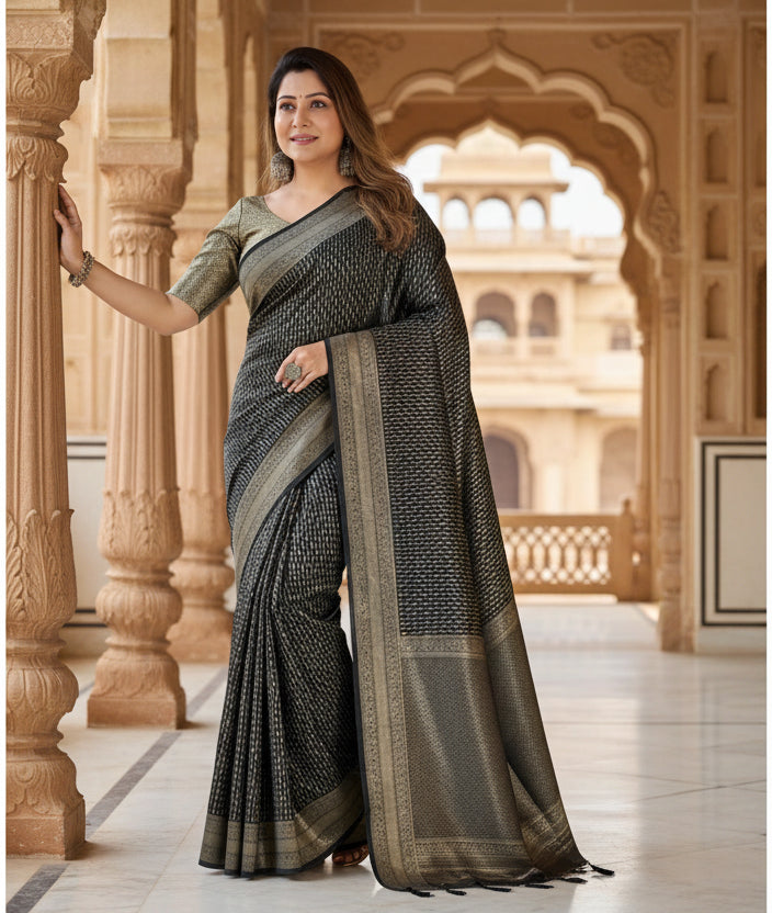 Women's silk printed saree with unstitched blouse 5