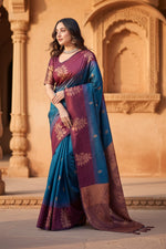 Load image into Gallery viewer, Women's Blue Silk Printed Saree With Unstitched Blouse -5.5Mtr Kashvii