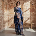 Load image into Gallery viewer, Women's Navy Blue Silk Printed Saree With Unstitched Blouse -5.5Mtr Kashvii