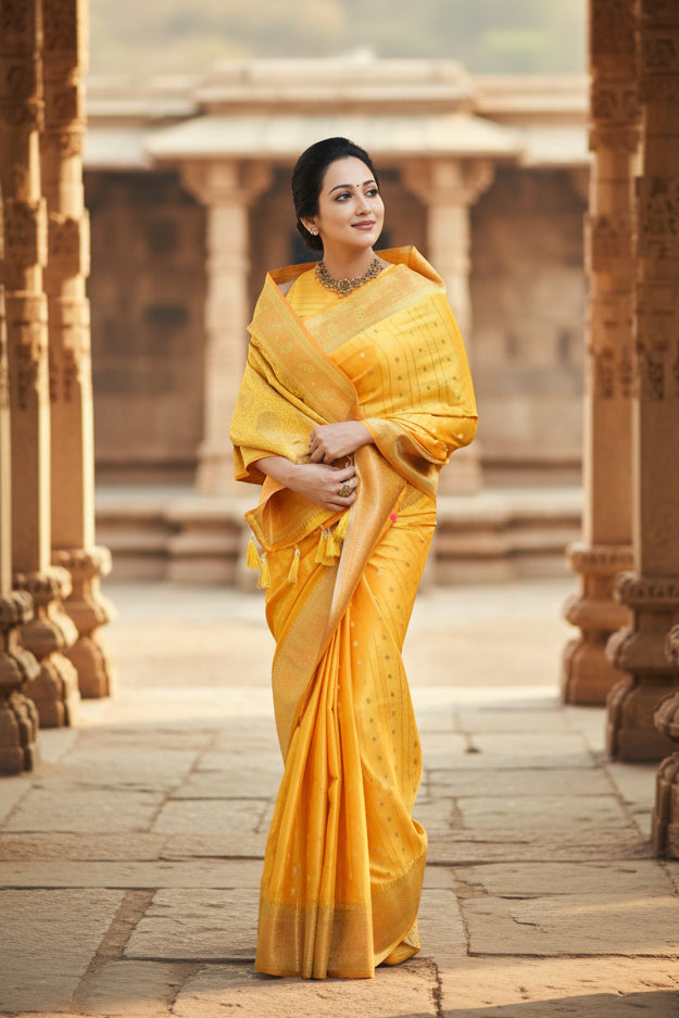 Women's yellow silk printed saree with unstitched blouse 5