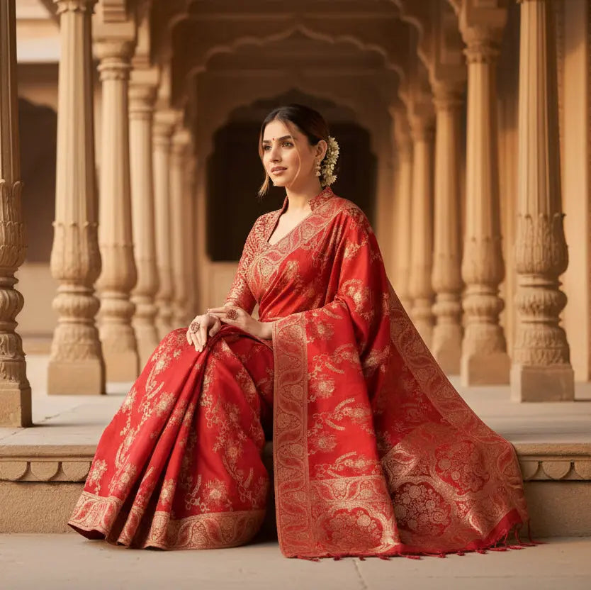 Women's red silk printed saree with unstitched blouse 5