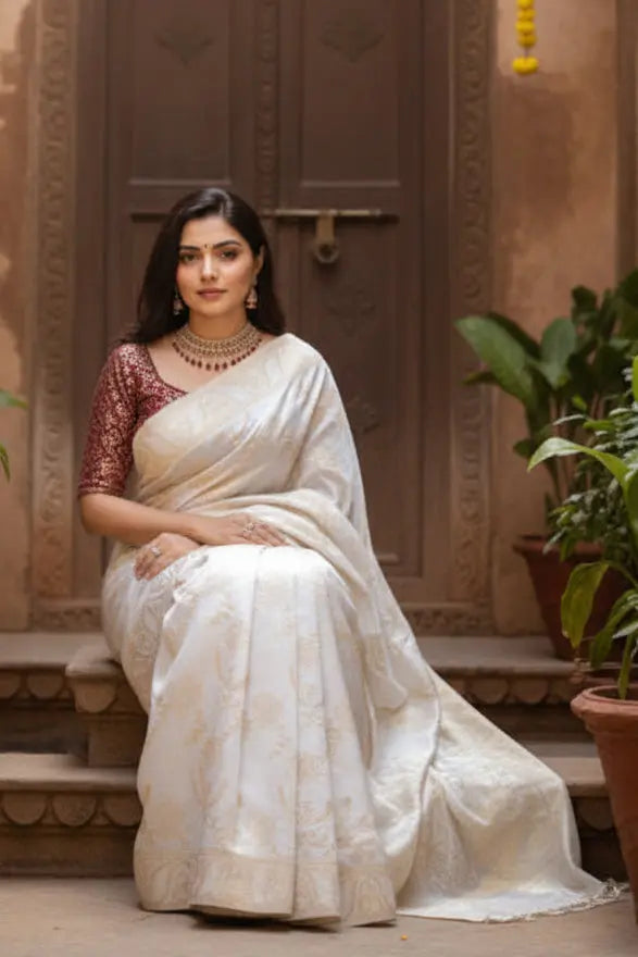 Women's silk printed saree with unstitched blouse 5