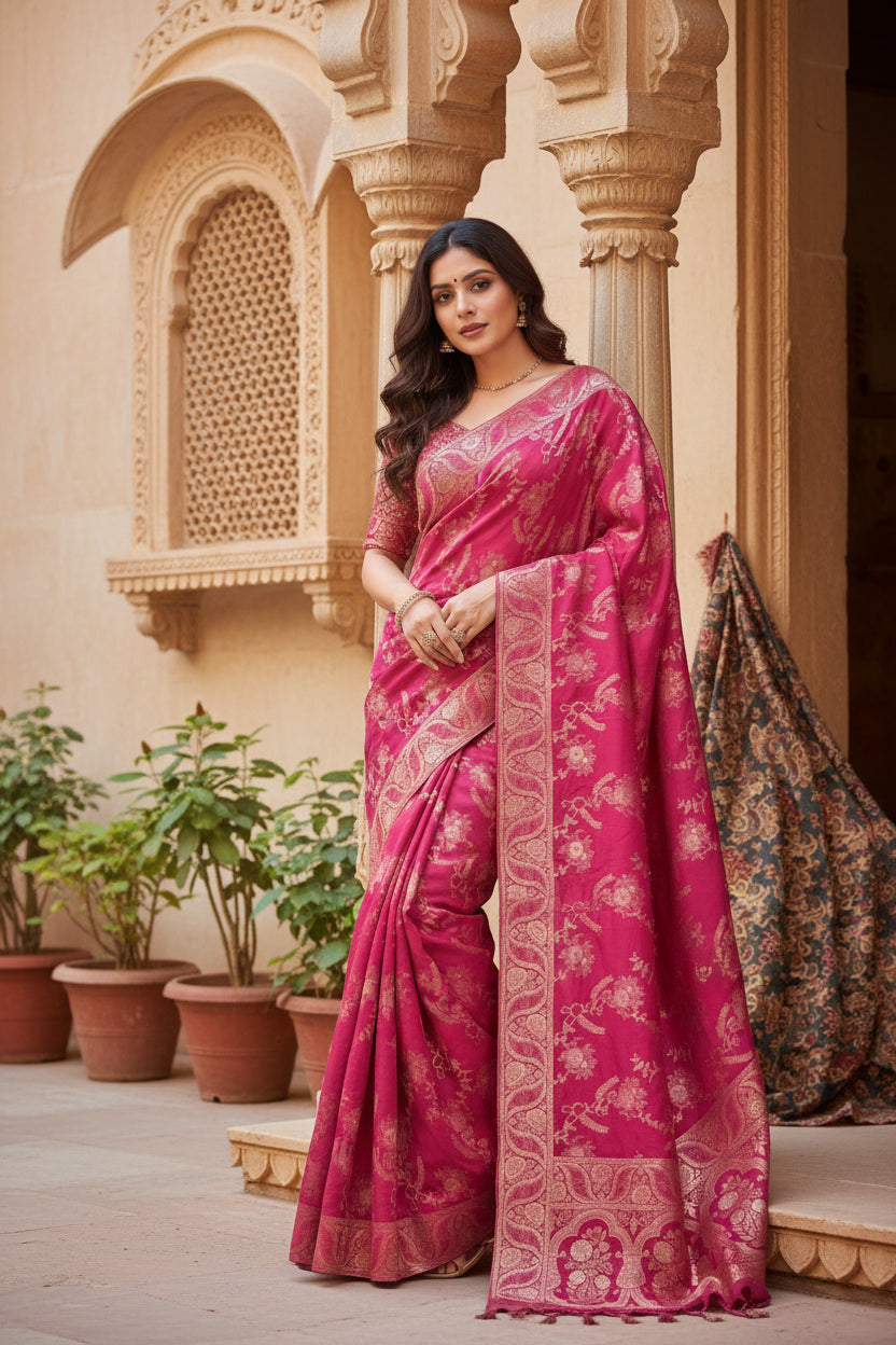 Women's pink silk printed saree with unstitched blouse 5