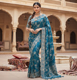 Load image into Gallery viewer, Women's Teal Blue Silk Printed Saree With Unstitched Blouse -5.5Mtr Kashvii