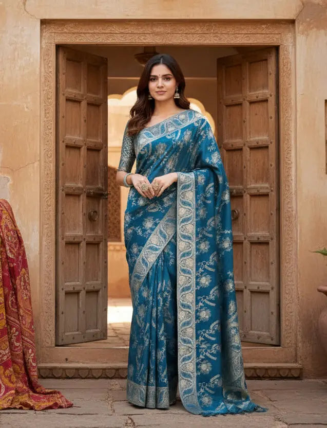 Women's teal blue silk printed saree with unstitched blouse 5