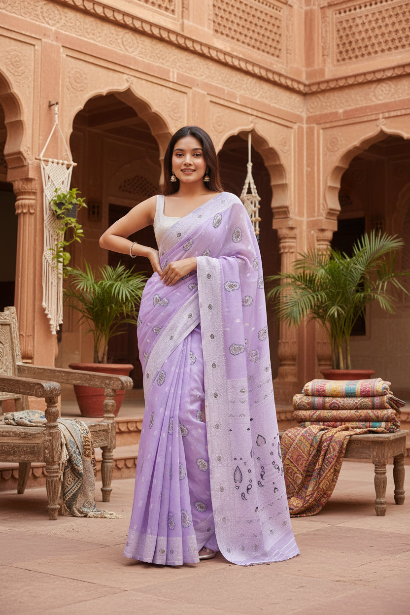 Women's cotton printed saree with unstitched blouse 5