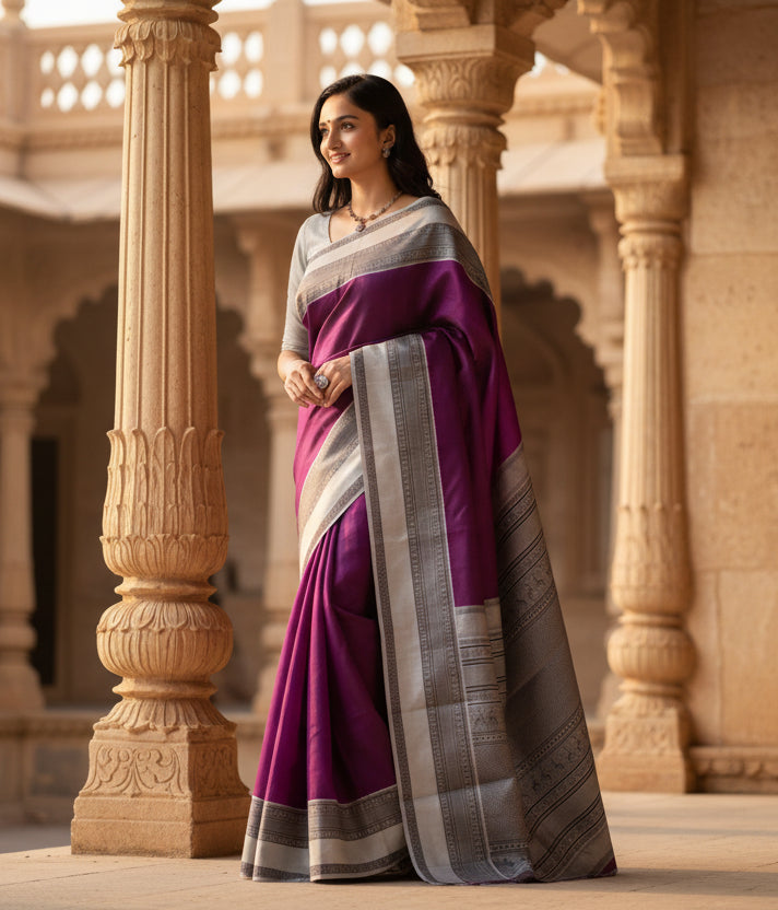 Women's purple silk printed saree with unstitched blouse 5