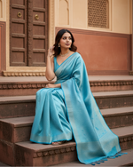 Load image into Gallery viewer, Women's Sky Blue Silk Printed Saree With Unstitched Blouse -5.5Mtr Kashvii