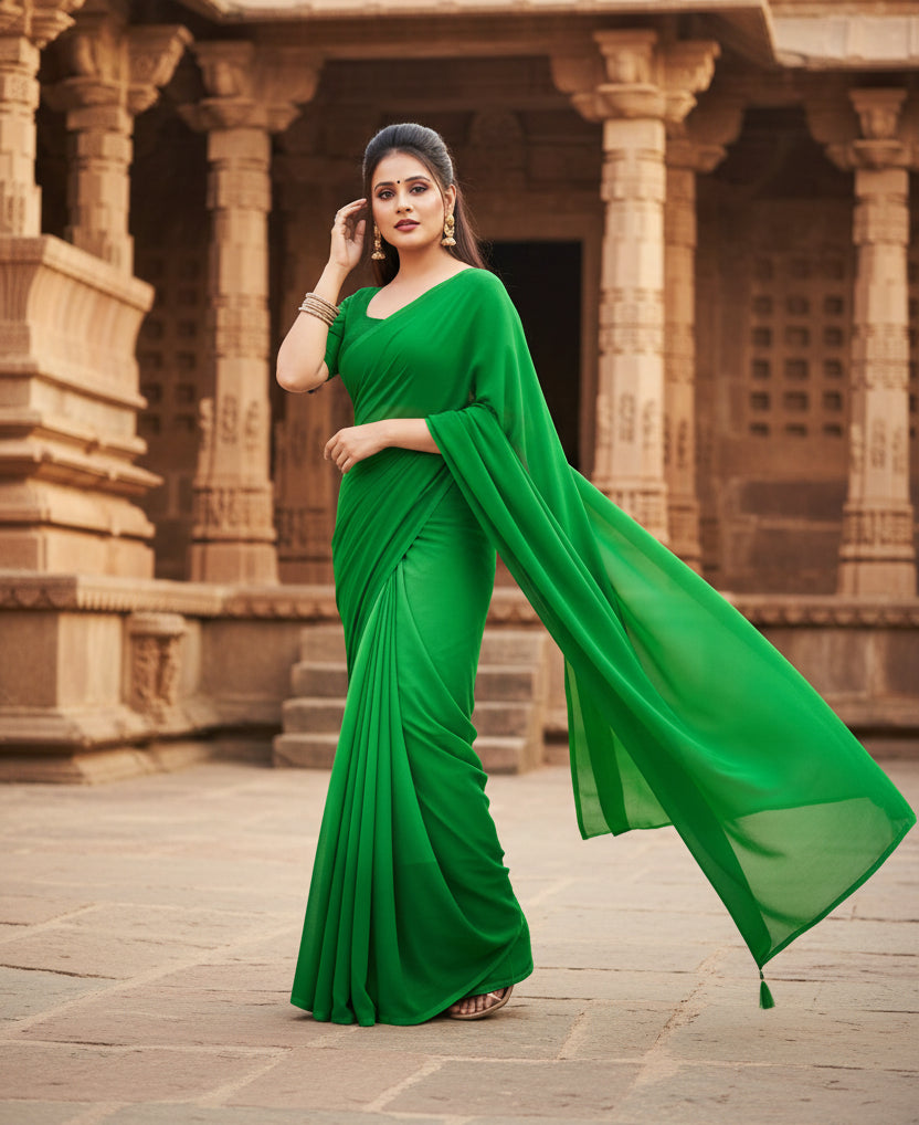 Women's georgette solid saree with unstitched blouse 5