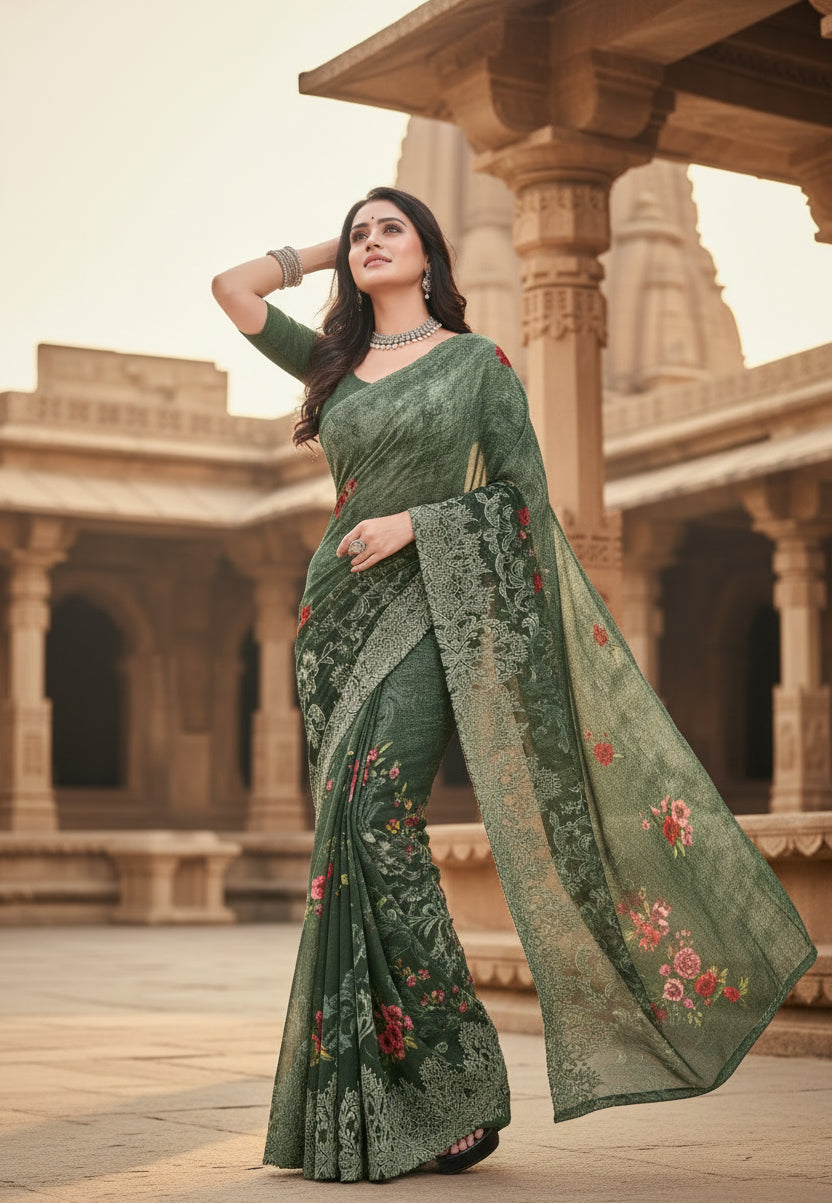 Women's faux georgette printed saree with unstitched blouse 5