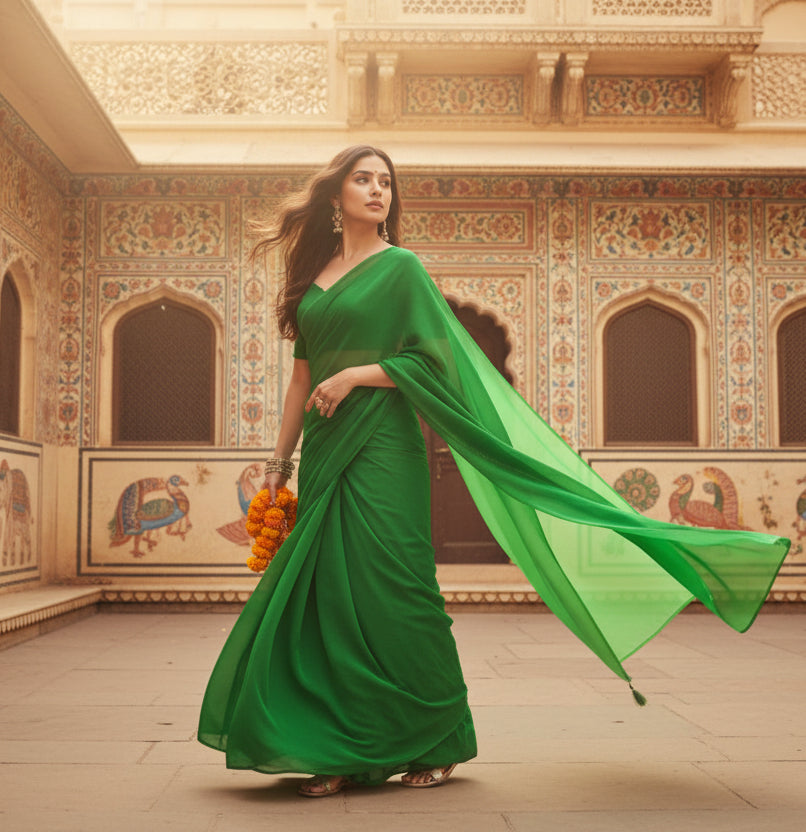 Women's georgette solid saree with unstitched blouse 5