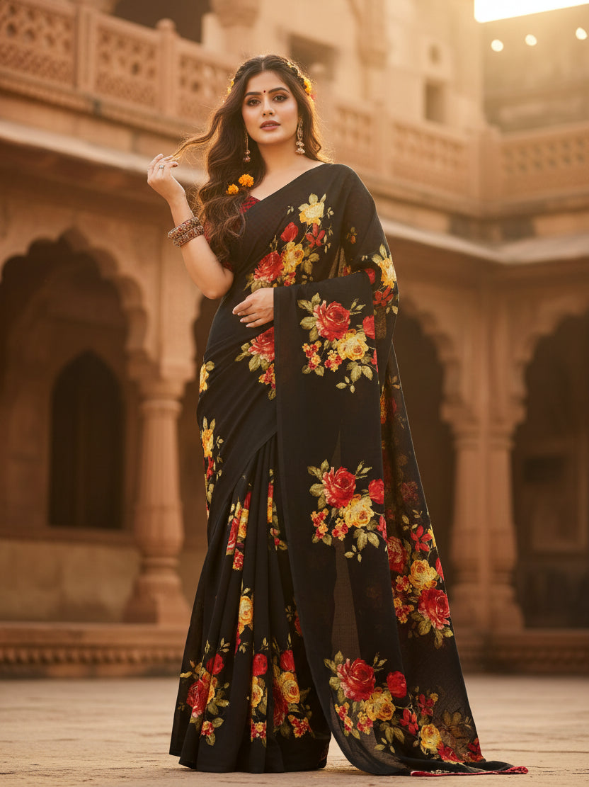 Women's faux georgette printed saree with unstitched blouse 5