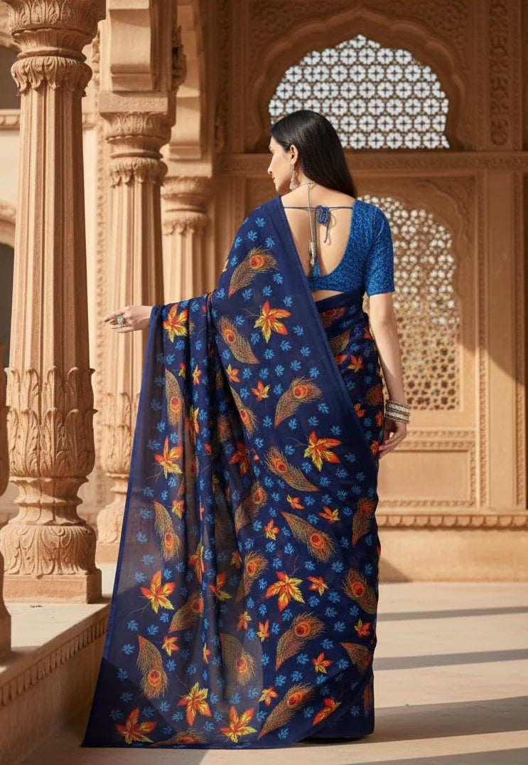 Women's faux georgette printed saree with unstitched blouse 5
