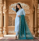 Load image into Gallery viewer, Women's Roman Silk Embroidery 3-4th Sleeve V-Neck Kurti With Pant Dupatta Set (Rama)