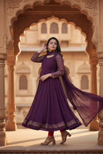 Load image into Gallery viewer, Women's Georgette Embroidery 3-4th Sleeve Round Neck Kurti with Dupatta Set (Wine) Kashvii