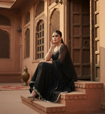 Load image into Gallery viewer, Women's Georgette Embroidery Sleeveless Round Neck Kurti, Palazzo And Dupatta Set (Black)