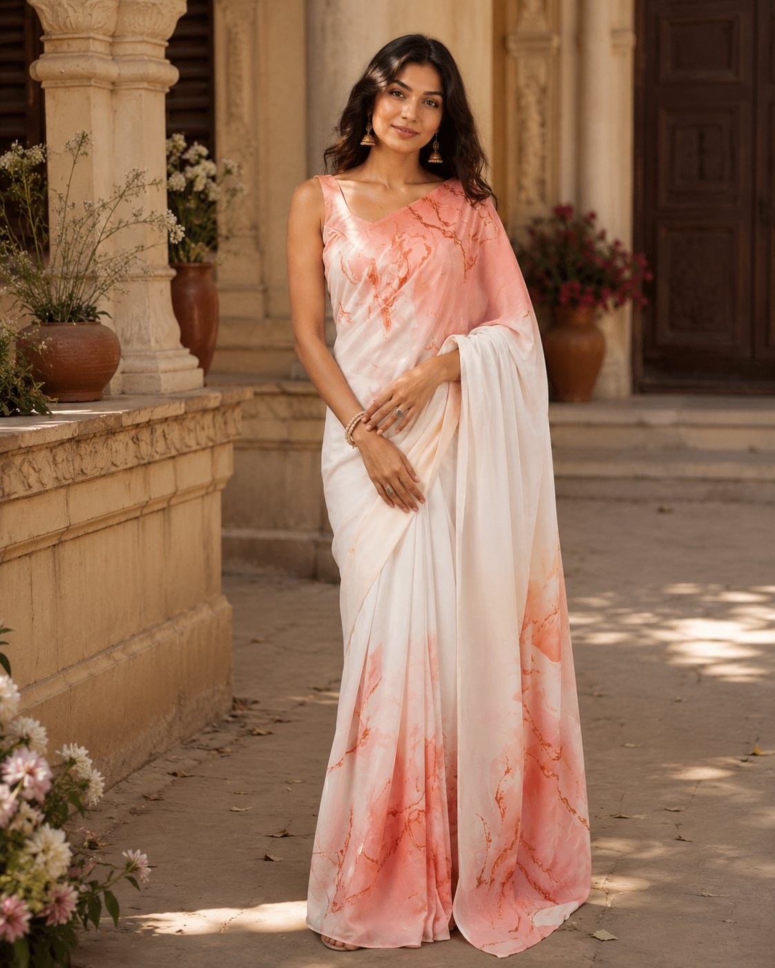 Satin silk printed saree with unstitched blouse(white)