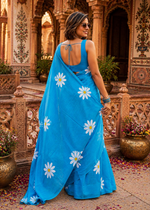 Load image into Gallery viewer, Mulmul Cotton Floral Printed Saree With Unstitched Blouse(Sky)