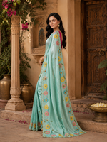 Load image into Gallery viewer, Crepe Silk Embroidery Work Zari Border Saree With Unstitched Blouse(Sky Blue)