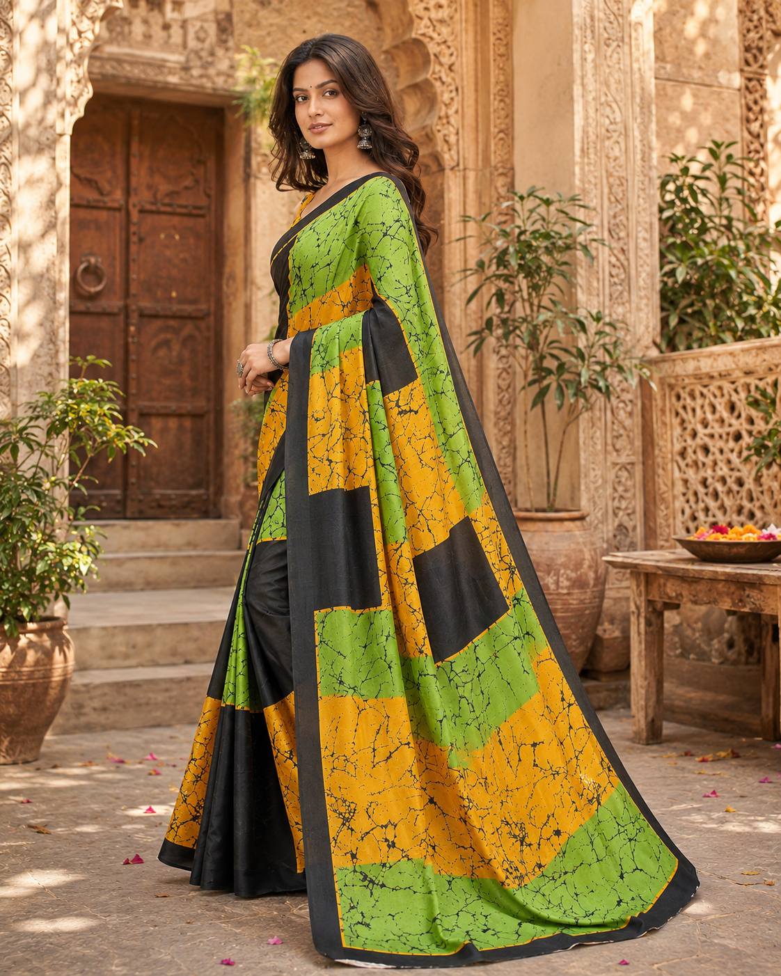 Satin silk printed saree with unstitched blouse(green)