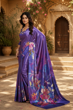 Load image into Gallery viewer, Premium Crepe Silk Digital Floral Print Saree With Unstitched Blouse(Violet)