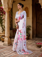 Load image into Gallery viewer, Soft Georgette Satin Printed Saree With Unstitched Blouse(White)