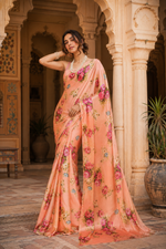 Load image into Gallery viewer, Satin Silk Printed Saree with Unstitched Blouse(Orange)