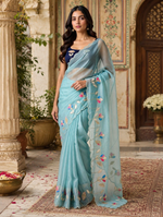 Load image into Gallery viewer, Premium Georgette Floral Print Saree With Unstitched Blouse(Sky Blue)