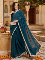 Load image into Gallery viewer, Georgette Embroidery Work Saree With Unstitched Blouse(Teal)