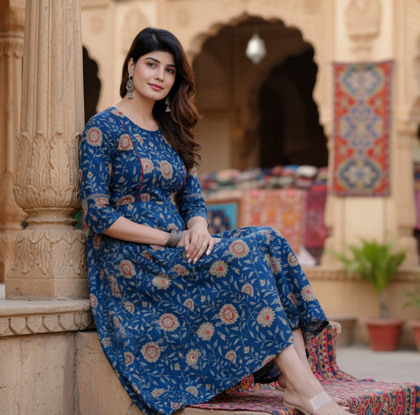 Rayon print with embroidery work a line navy blue kurti kashvii