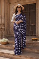 Load image into Gallery viewer, Satin Silk Printed Saree With Unstitched Blouse(Navy Blue)