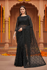 Load image into Gallery viewer, Women's Net Self Design Saree With Unstitched Blouse 5.5Mtr (Black)