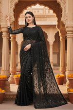 Load image into Gallery viewer, Women's Net Self Design Saree With Unstitched Blouse 5.5Mtr (Black)