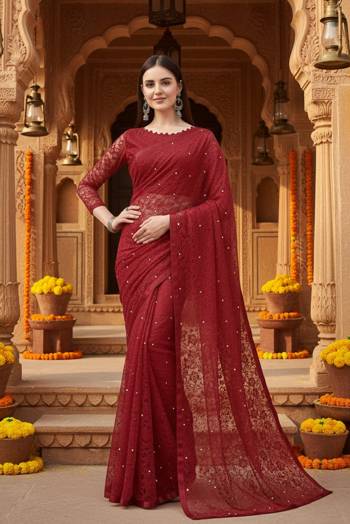 Women's net self design saree with unstitched blouse 5