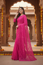 Load image into Gallery viewer, Women's Net Self Design Saree With Unstitched Blouse 5.5Mtr (Rani)