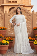 Load image into Gallery viewer, Women's Net Self Design Saree With Unstitched Blouse 5.5Mtr (White)