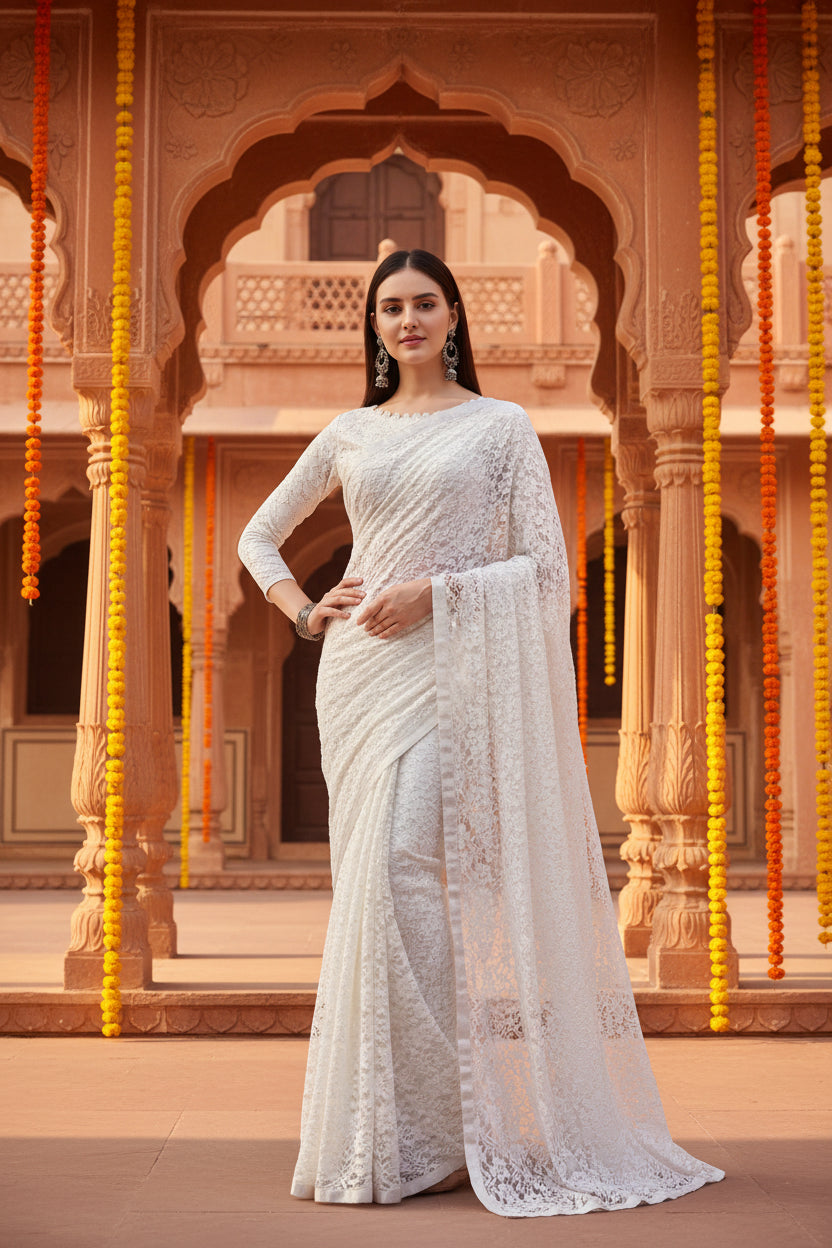 Women's net self design saree with unstitched blouse 5
