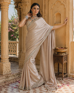 Load image into Gallery viewer, Premium Satin Silk Embroidery Work saree With Unstitched Blouse(Cream)