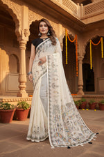 Load image into Gallery viewer, Women's Linen Cotton Printed Saree With Unstitched Blouse 5.5Mtr (Off White)